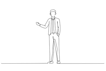 Illustration of businessman which holding invisible copyspace on the pound and looking at camera. Single continuous line art style
