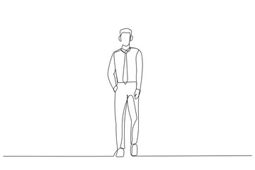 Cartoon of full body picture of a casual businessman with hand in pocket. One line style art