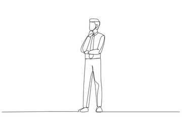 Illustration of businessman in formalwear thinking and looking up with hand on chin. Single line art style