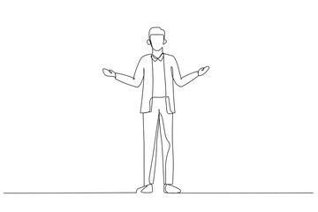 Drawing of businessman showing welcome sign isolated on white background. Continuous line art