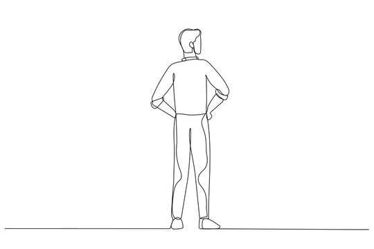 Drawing of businessman in a side view and looks at one hand turned up as if holding something. Single continuous line art style