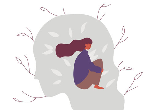 Concept of positive and negative memories, psychological trauma. Young woman sitting on the background of the silhouette of the head. Flat vector illustration.	
