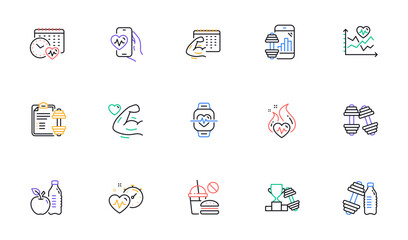 Fitness time line icons. Bike Workout, Strong Muscle Arm, Gym fit dumbbell. Training analysis, Workout plan and Cardio exercise line icons. Dumbbell sport equipment, Healthy food, Muscle. Vector