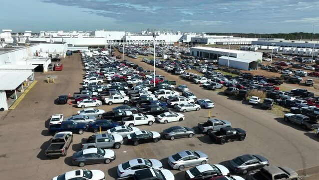 Auto manufacturing plant in Canton Mississippi USA. Aerial view of new cars assembly plant.