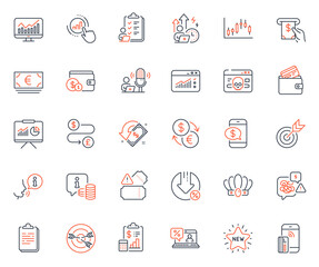 Finance icons set. Included icon as Info, Online loan and Web traffic web elements. Stress, Buying accessory, Currency exchange icons. Presentation, Checklist, Crown web signs. Vector