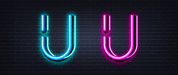 Initial letter U icon. Neon light line effect. Line typography character sign. Large first font letter. Glowing neon light element. Letter U glow 3d line. Brick wall banner. Vector © blankstock
