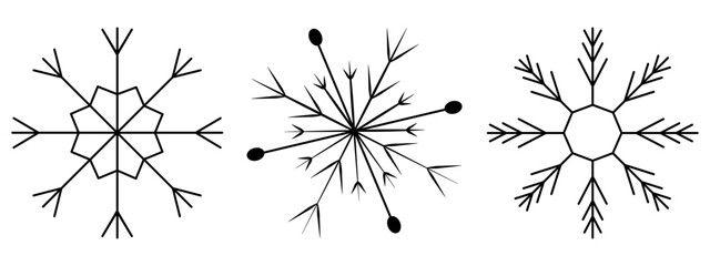 Obraz premium Snowflakes. Sketch. A set of fragile crystals of intricate shape. Collection of vector illustrations. Doodle style. Outline on isolated background. Festive ornament. Frostwork. Snow flakes. 