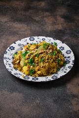 Fried rice with shrimp on the dark