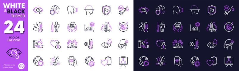 Face id, Coronavirus and Coronavirus statistics line icons for website, printing. Collection of Low thermometer, Medical mask, Stress icons. Serum oil, Washing hands. Bicolor outline icon. Vector