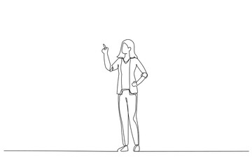 Cartoon of cheerful businesswoman standing and pointing finger away. Single line art style