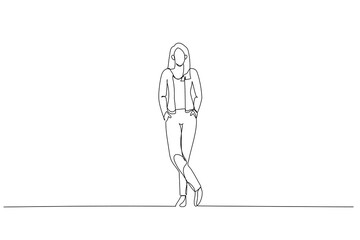 Drawing of standing businesswoman model posing with hands in pockets. Continuous line art