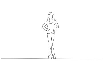 Cartoon of businesswoman wearing classy clothes posing. One line style art