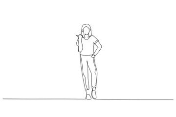 Drawing of young businesswoman wearing casual clothes and pointing finger at copyspace. Single continuous line art
