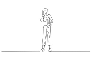 Drawing of asian businesswoman in white suit standing looking at camera. Single continuous line art style