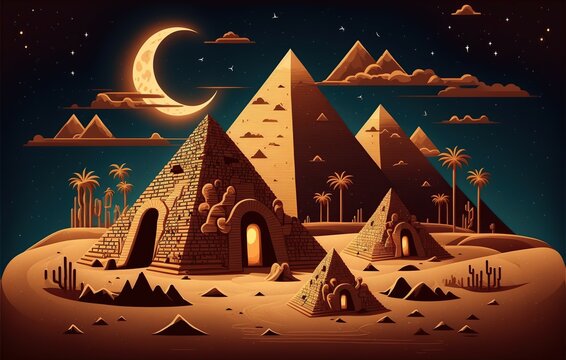 Egypt Pyramids In Night Desert.