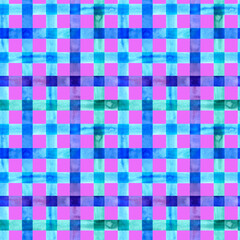 Watercolor seamless checkered pattern. Strokes texture plaid. Hand painted stripe on pink background.