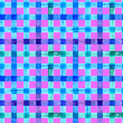 Watercolor seamless checkered pattern. Strokes texture plaid. Hand painted stripe on pink background.
