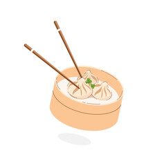 Asian food, Xiao long bao, steamed Chinese buns in a bamboo basket on white background. Vector illustration