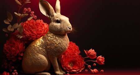Fototapeta na wymiar Chinese new year 2023 year of the rabbit. Gold bunny rabbit with red flowers. Generative ai