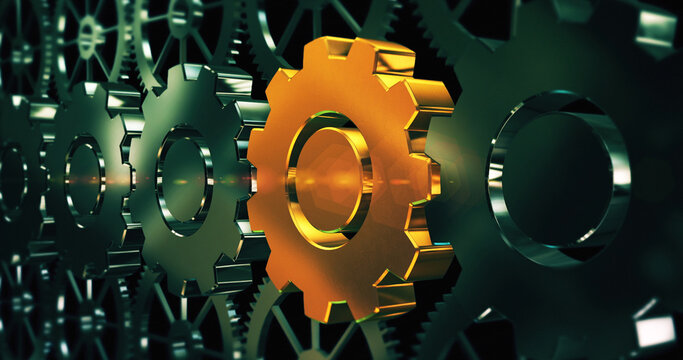 Gold Gear Standing Out. Gears Rotating Slowly. Industry And Teamwork Related 3D Illustration Render.
