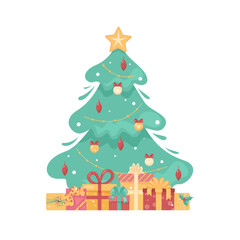 Naklejka premium Christmas tree with colorful gift boxes, vector illustration on white background