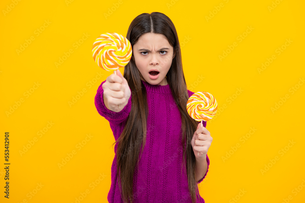 Poster hipster teenager child girl lick lollypop. sugar nutrition, candy and sweets. child eat lollipop pop