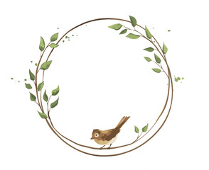 Spring background - a wreath of branches. Vector illustration in a watercolor style, a frame of green leaves with a bird.