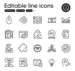 Set of Science outline icons. Contains icons as Cough, Checked calculation and Timer elements. Nasal test, Account, Stress protection web signs. Fake news, Covid test, Energy elements. Vector