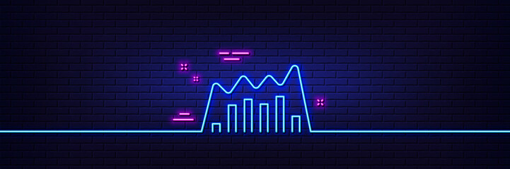 Neon light glow effect. Investment chart line icon. Economic graph sign. Stock exchange symbol. Business finance. 3d line neon glow icon. Brick wall banner. Infographic graph outline. Vector