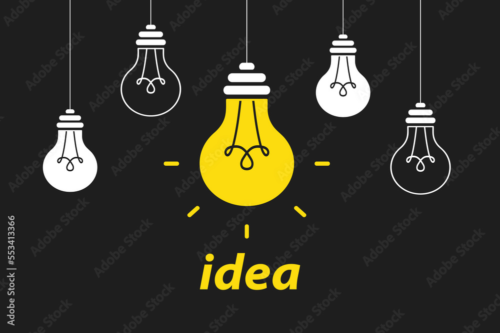 Poster creative idea. light bulbs with one hanging and glowing. trendy flat vector light bulb icons with co