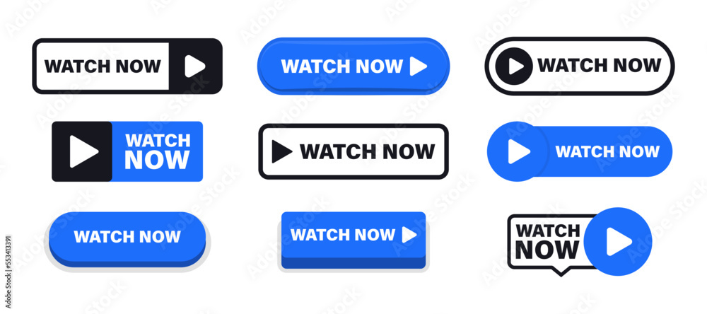 Poster set of watch now buttons. play video buttons in flat style. watch video. play now. web media. online
