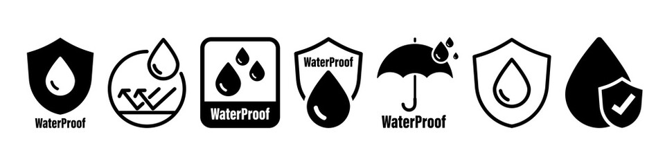 Waterproof icons. Water Proof. Collection of water resistant signs. Water protection, liquid proof protection. Shield with water drop. Anti wetting material, hydrophobic fabric, surface protection - obrazy, fototapety, plakaty