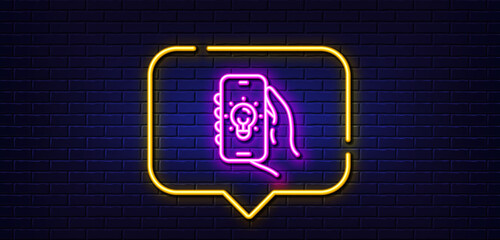 Neon light speech bubble. Electric app line icon. Hand hold phone sign. Cellphone with screen notification symbol. Neon light background. Electric app glow line. Brick wall banner. Vector