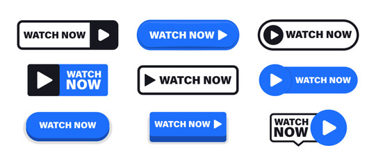 Set of Watch now buttons. Play video buttons in flat style. Watch video. Play now. Web media. Online translation. Set of vector modern trendy flat buttons for website. UI element. Vector illustration - obrazy, fototapety, plakaty