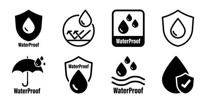 Waterproof icons. Water Proof. Collection of water resistant signs. Water protection, liquid proof protection. Shield with water drop. Anti wetting material, hydrophobic fabric, surface protection