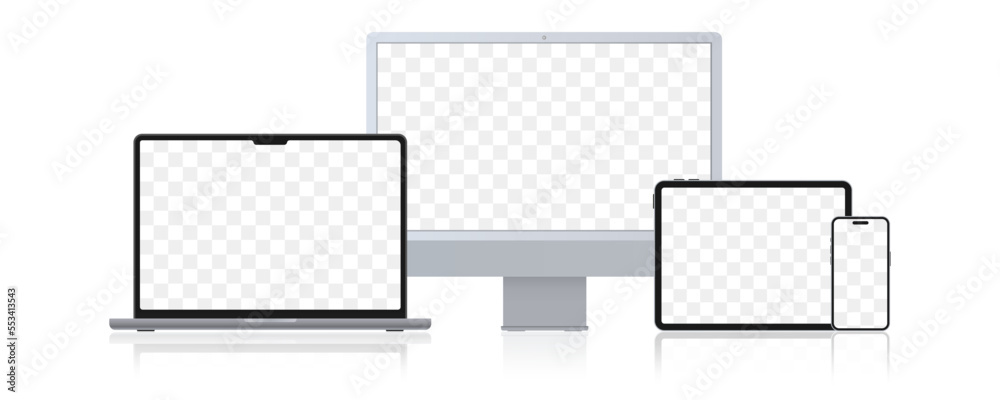 Poster Realistic set of monitor, laptop, tablet, smartphone. Set of technology devices with empty display - Stock Vector illustration. Electronic gadgets, Device mockups