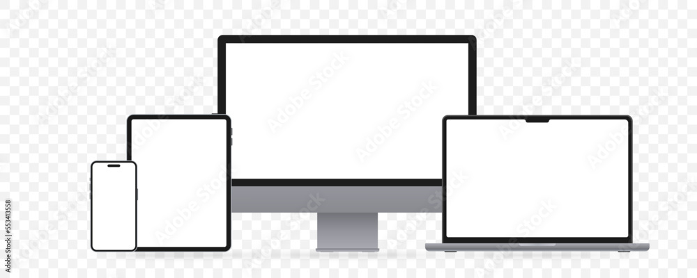 Poster Realistic set of monitor, laptop, tablet, smartphone. Set of technology devices with empty display - Stock Vector illustration. Electronic gadgets, Device mockups
