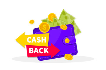 Cash back service. Saving money concept. Cashback icon with wallet and coins. Money refund label. Online cash back. Money economy service, shopping partner program. Save savings. Vector illustration