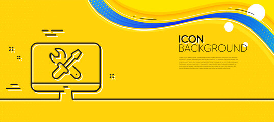 Repair computer line icon. Abstract yellow background. Device service sign. Fix tv symbol. Minimal repair line icon. Wave banner concept. Vector