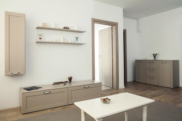 Apartment interior with modern furniture in a minimalist formula.