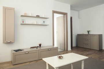 Apartment interior with modern furniture in a minimalist formula.