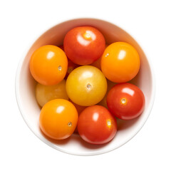 Colorful cherry tomatoes in a white bowl. Fresh, ripe type of small and round cocktail tomatoes, of...