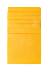 Stack of cheddar cheese slices, sliced natural cheese, sharp-tasting and colored orange with...