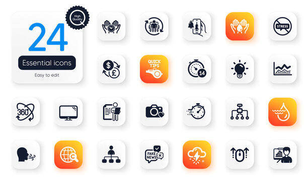 Set of Science flat icons. Photo camera, Quarantine and Presentation board elements for web application. Stop stress, Breathing exercise, Currency exchange icons. Tutorials. Vector