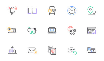 Work home, Time management and Web report line icons for website, printing. Collection of Phone survey, Book, Journey icons. Online accounting, Passport document, Time change web elements. Vector