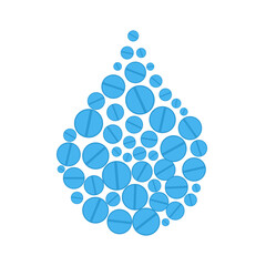 Water drop made of pills icon. Antibiotics in surface water supply. Aquatic contamination. Hospital wastewater treatment symbol. Antimicrobial resistance sign. Aquaculture concept. Vector illustration