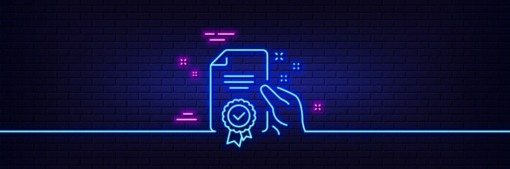 Neon light glow effect. Certificate line icon. High quality or Guarantee sign. Verified document symbol. 3d line neon glow icon. Brick wall banner. Certificate outline. Vector