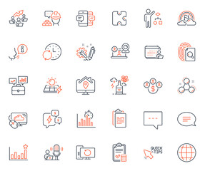 Education icons set. Included icon as Globe, Work home and Teamwork chart web elements. Puzzle, Inspect, Report timer icons. Efficacy, Blog, Chat web signs. Accounting checklist. Vector