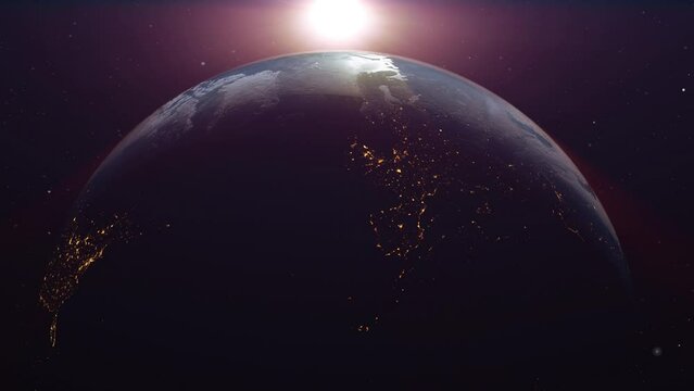 Sunrise over earth - New day starting on planet in space with sun rising in the horizon. 3d render animation