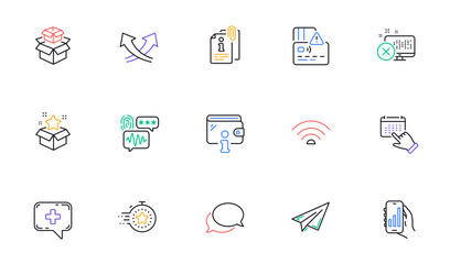 Wifi, Messenger and Event click line icons for website, printing. Collection of Medical chat, Wallet, Attached info icons. Timer, Biometric security, Intersection arrows web elements. Vector